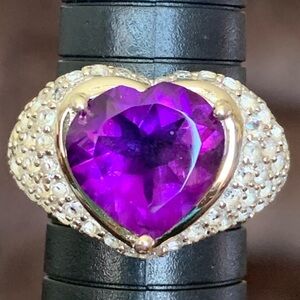 Sterling silver heart shaped amethyst ring with white Zircon accents